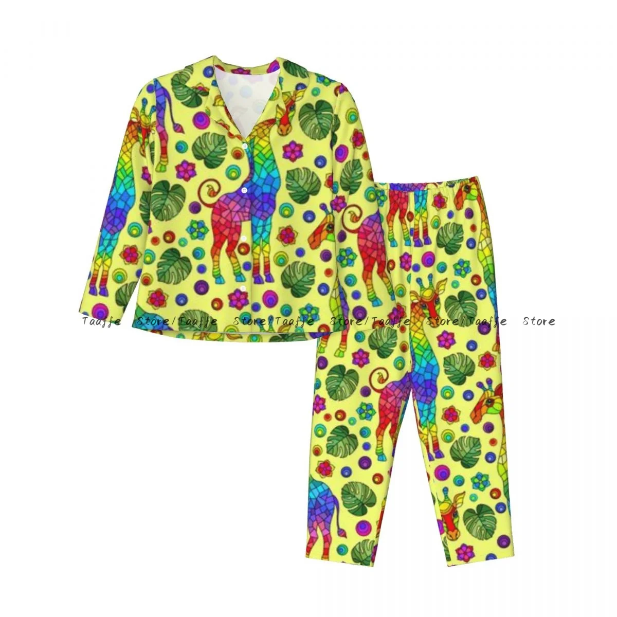 Women's Pajamas Long-sleeved Girl Loungewear Two-piece Set Giraffs Rainbow Animals Flowers And Leaves Pajamas for Autumn Spring