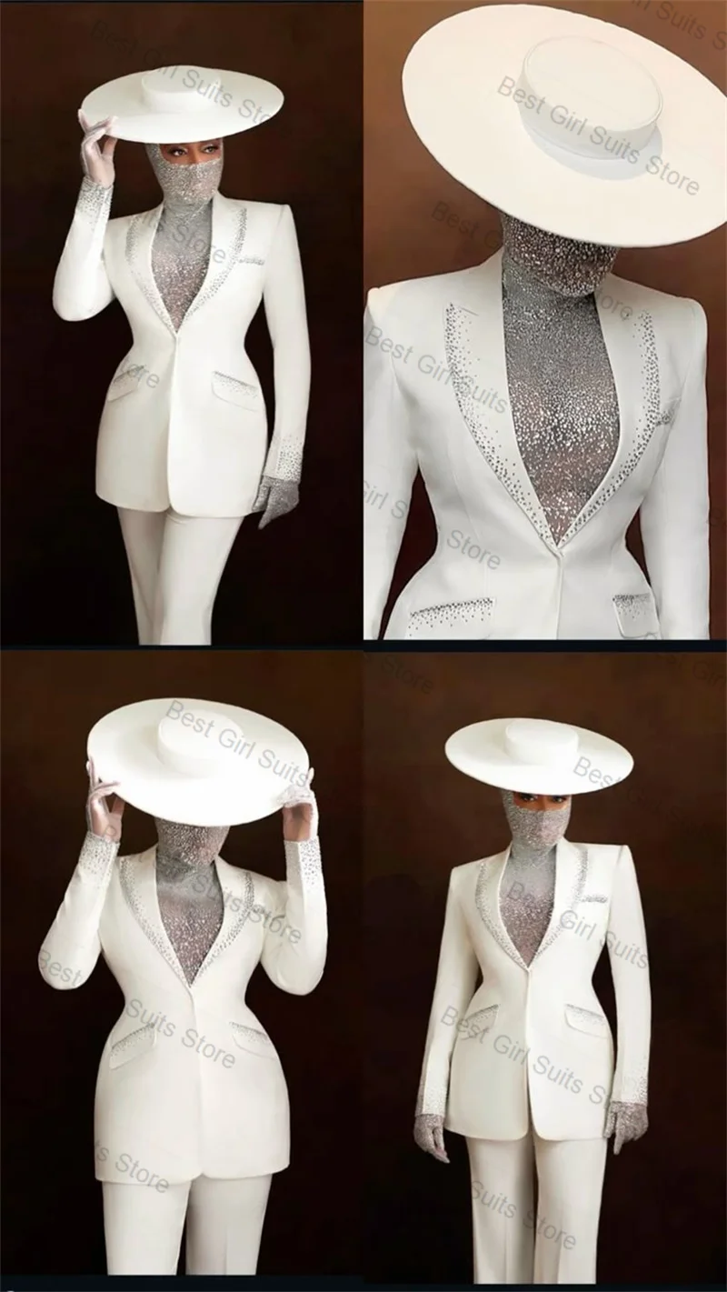 

White Women Suit Set 2 Pcs Blazer+Pants Trousers Luxury Stone Crystals Formal Office Lady Jacket Customized Wedding Prom Coat