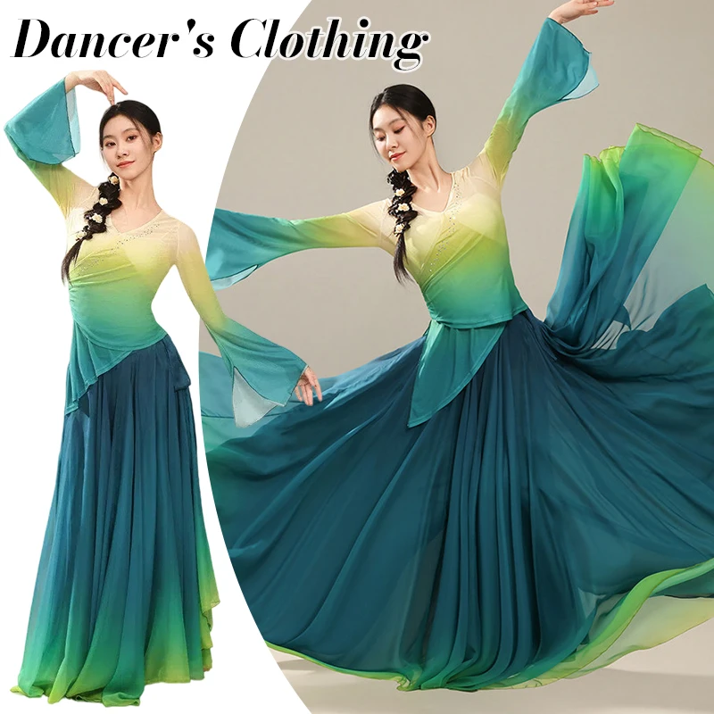 Elegant Classical Dance Costume Chinese Traditional Clothes Women's Dance Practice Big Swing Long Skirt Blue Gradient Body Rhyme