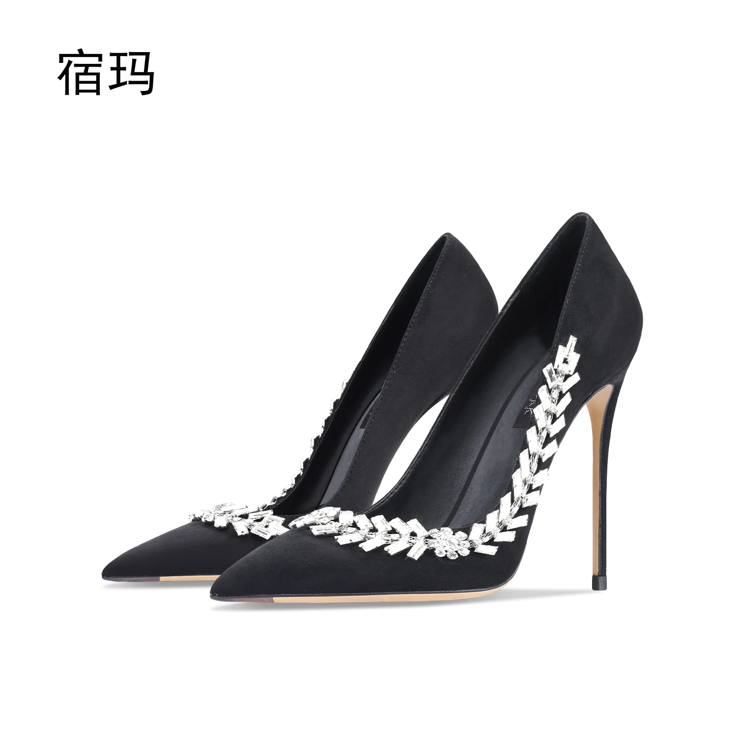 luxury women's shoes 2024 New Suede Black Crystal Women Pumps Pointed Toe Rhinestone High Heels Fashion Stiletto Luxury Party Wo