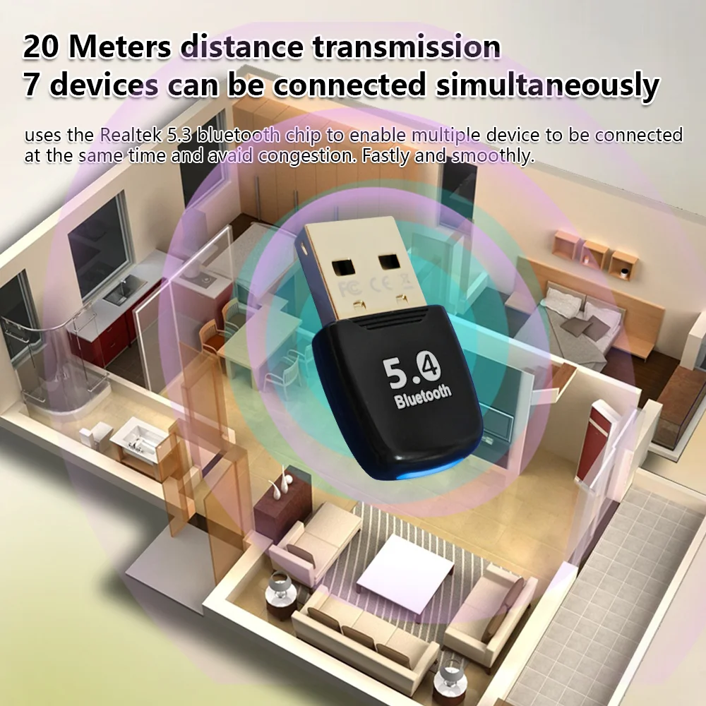 OPTFOCUS USB Bluetooth 5.4 Adapter 7 devices 20 meters Adaptador Receptor PC Dongle compatible Bluetooth 5.3 For WIN7 8 10