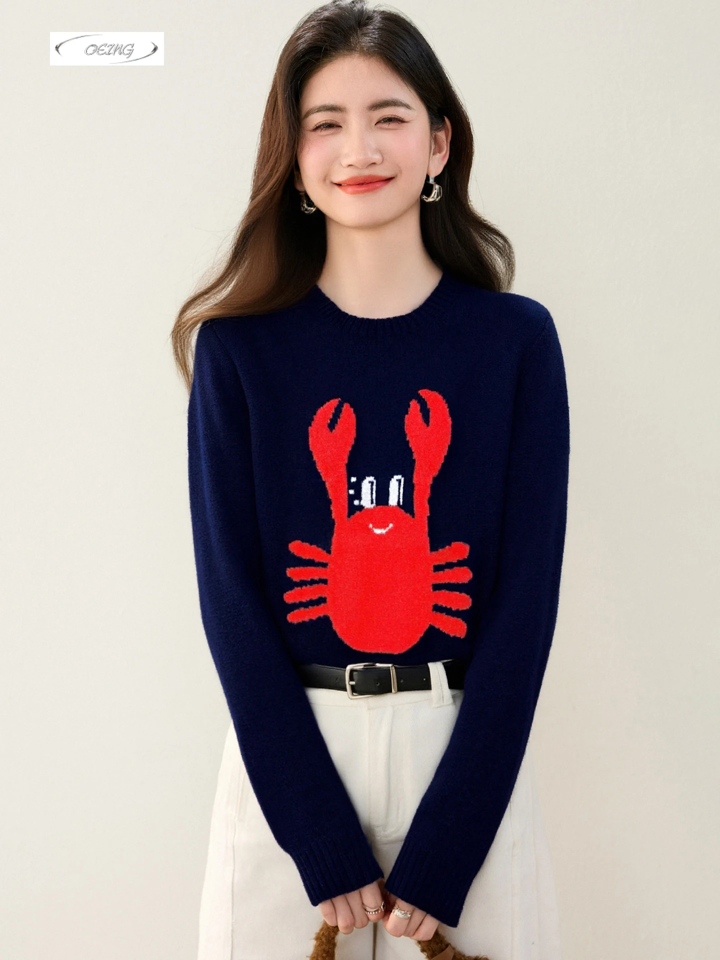 

Women Fashion Cartoon Long Sleeve O-neck Basic Knitted Pullover Sweater Tops Autumn Winter Thick Navy Blue Knitwear Clothes 9753