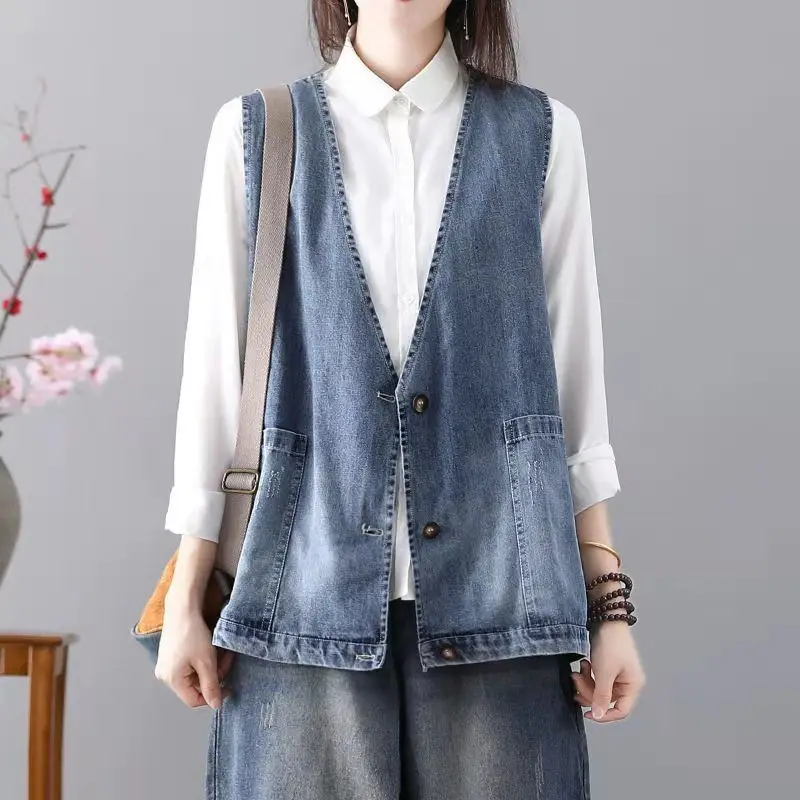 Denim Vesten Dames soi Turismo All-match Eenvoudig Basic V-hals Zakken Blauw Lente Koreaanse mode Gezellig Hot Sale Ins Casual Ulzzang Nieuw