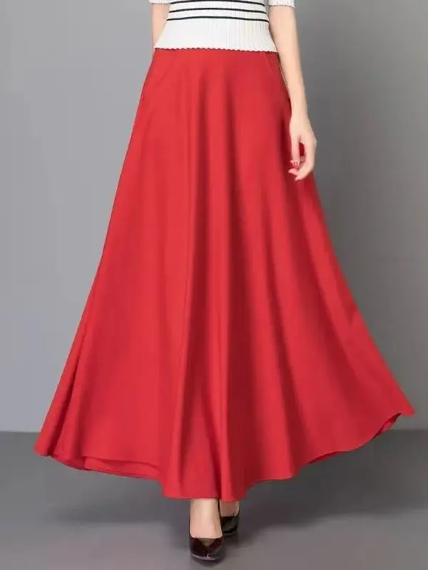 

plus Size Spring New A-Line Long Skirt Thin Elastic Waist Cover Hip Casual Korean Sle Polyester Fiber High Waist Skirt