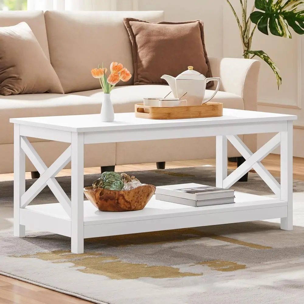 

2-Tier White Coffee Table with Storage Shelf for Living Room, Accent Cocktail Table, Simple Design, 39.5 x 20 x 18