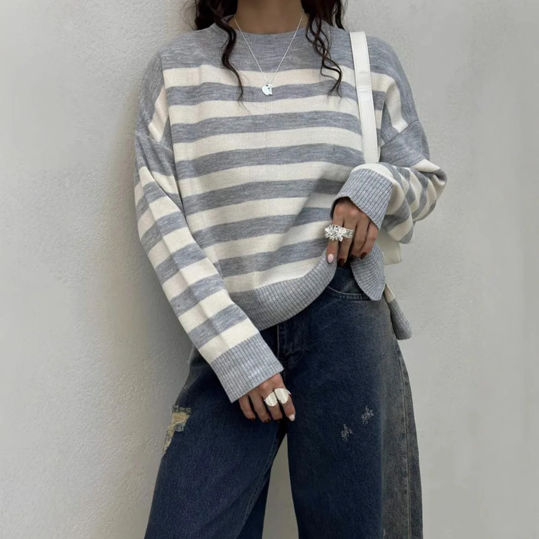 2025 الخريف والشتاء المرأة سترة تصميم الشعور المتناقضة مخطط البلوز سترة فضفاضة الجانب الشق سترة