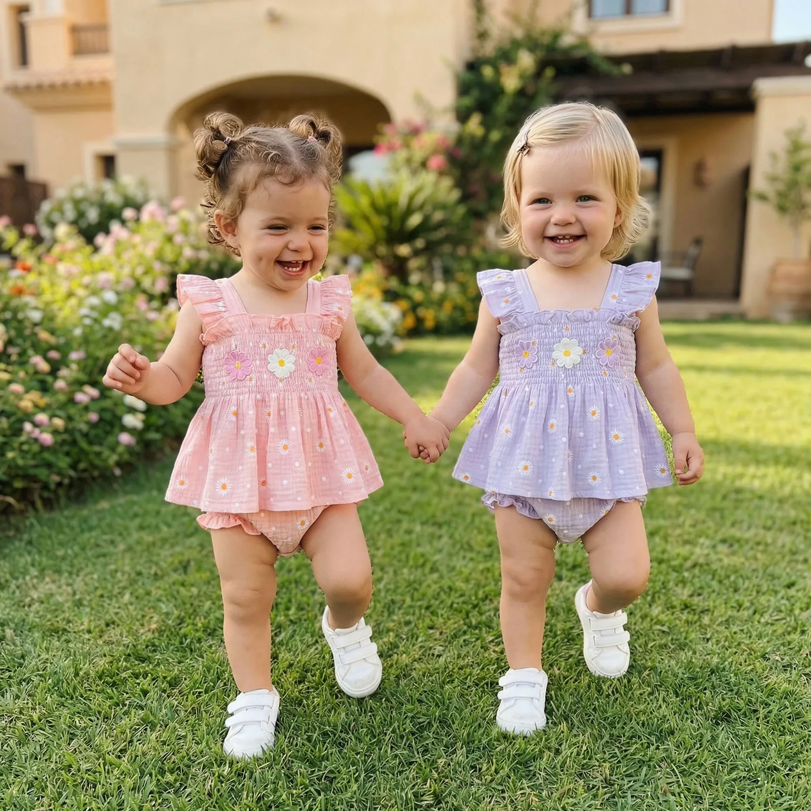 Baby Girls Summer Outfits Daisy Print 3D Floral Fly Sleeves Tops and Elastic Shorts Set Fashion Cute Baby Girls Clothes Set