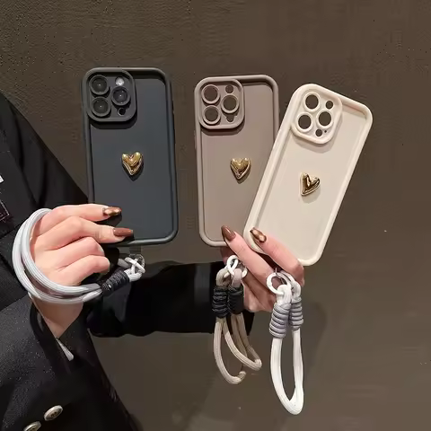 3D Gold Heart Soft Lanyard Rope Case For Xiaomi Mi 14 13 12 11 Lite 5G 13T 14T Pro Poco X7 X6 F5 X3 M6 Pro 4G Hand Strap Cover