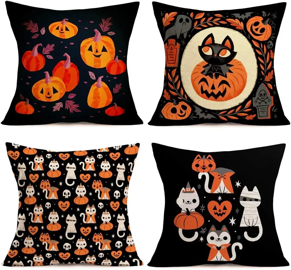 Halloween Party Throw Pillow Cover Cute Cat Pumpkin Maple Leaf Pillowcase Linen Square Cushion Cover Home Decoration