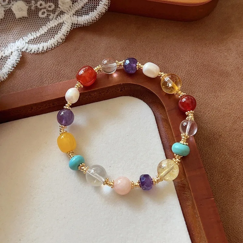 

「Duobao Duofu」Натуральный камень, пять элементов, ниша с несколькими драгоценными камнями, универсальный браслет с кристаллами агата и жемчугом для женщин, ручная веревка