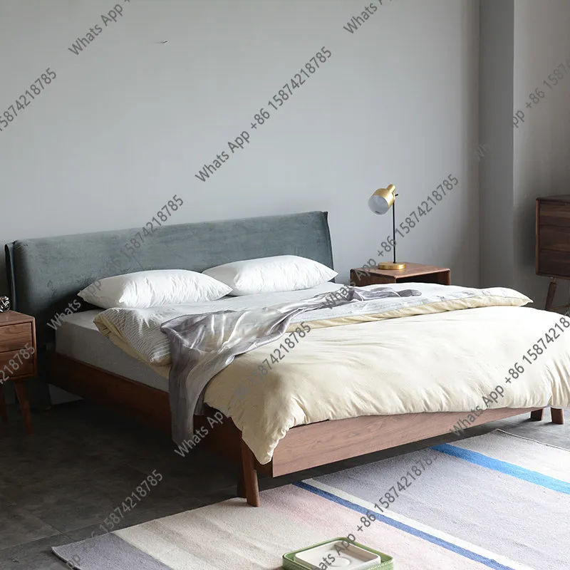 Cama doble nórdica de madera maciza pura para dormitorio principal, cama de matrimonio japonesa moderna y sencilla, cama de tela, cama de terciopelo suave, minimalista.