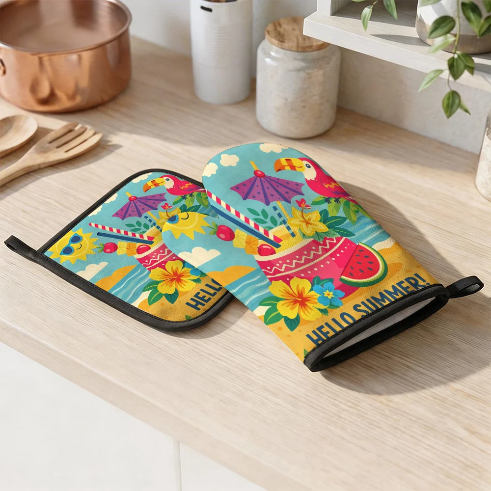 Summer Tropical Oven Glove and Pot Holder Set Hello Summer Cocktail Parrot Print Kitchen Heat Resistant