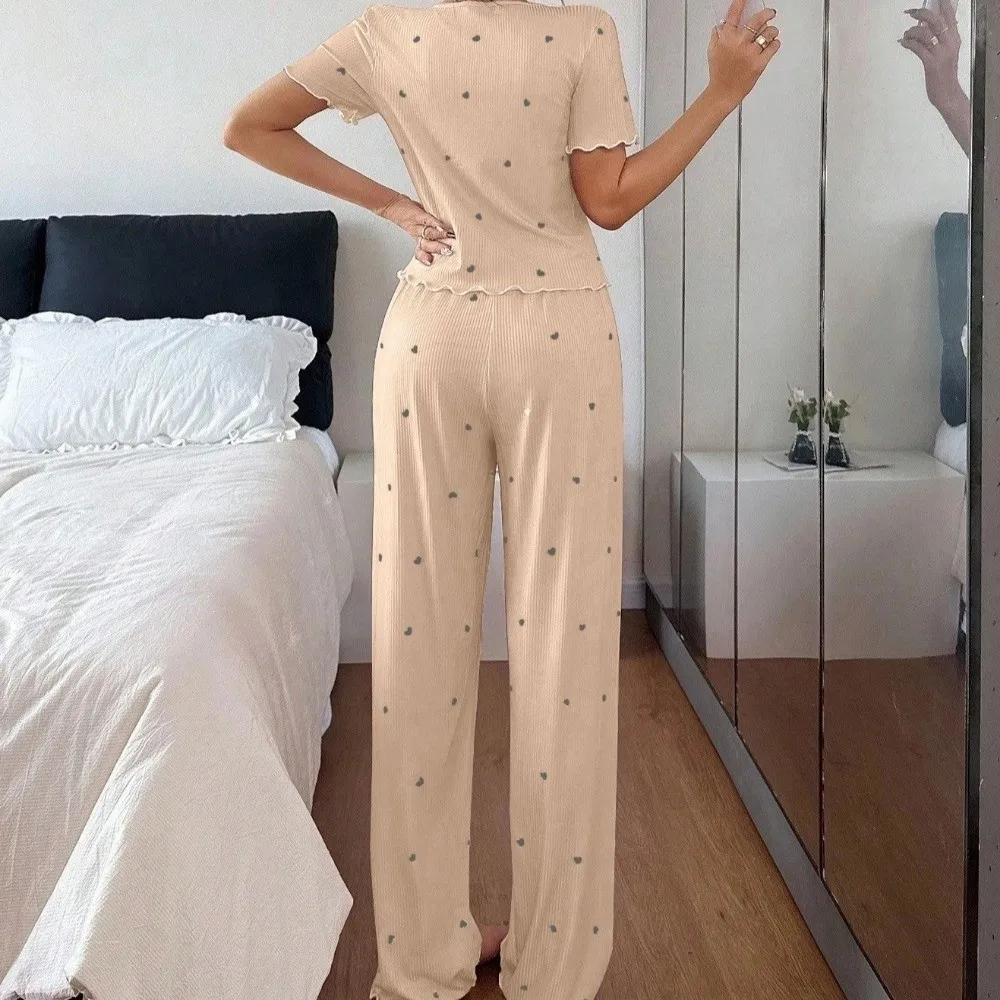 Fashion Short Sleeve Pajamas Set Heart Striped Nightwear Sets Ruffle V-neck 2Pieces Nightdress Casual