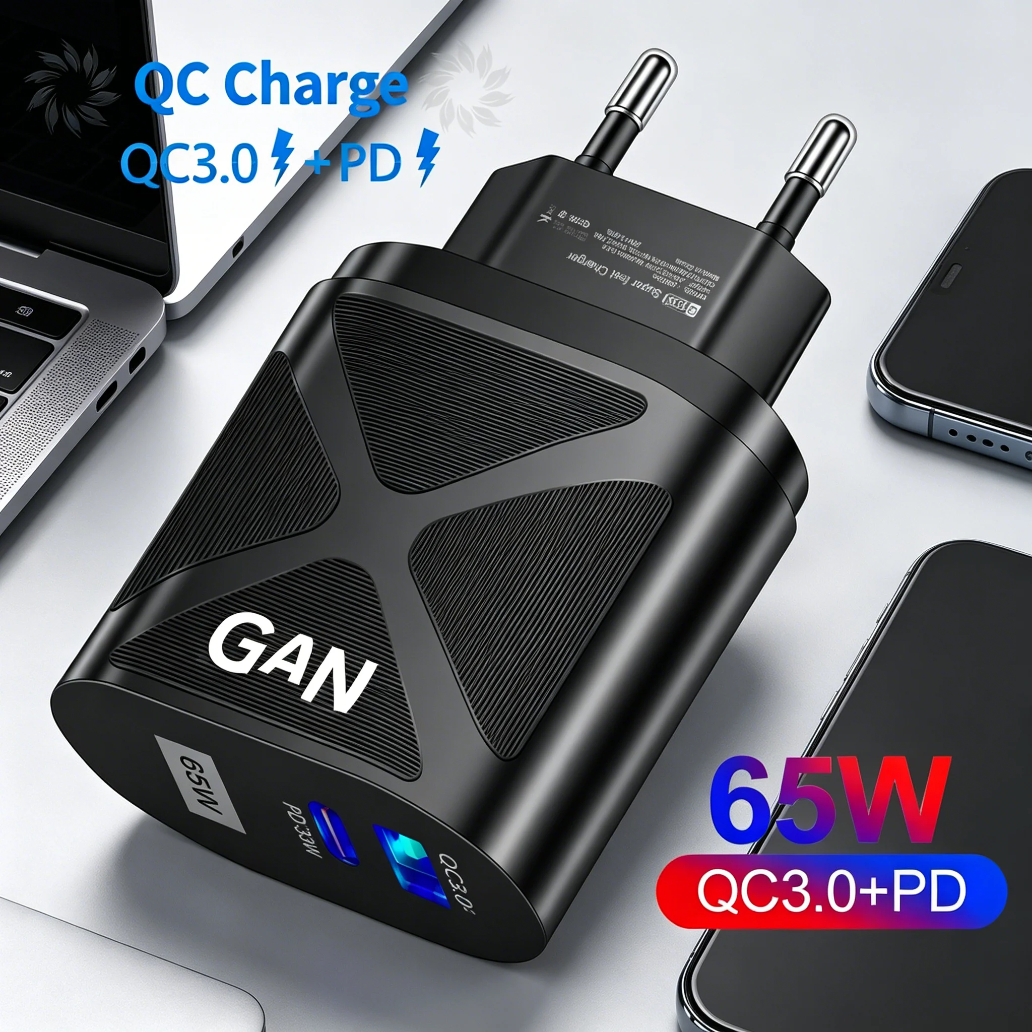 GaN 65W USB PD Wall Charger, QC3.0 Type C Fast Charging Power Adapter, Travel Power Charger for iPhone Xiaomi 14 Samsung Huawei