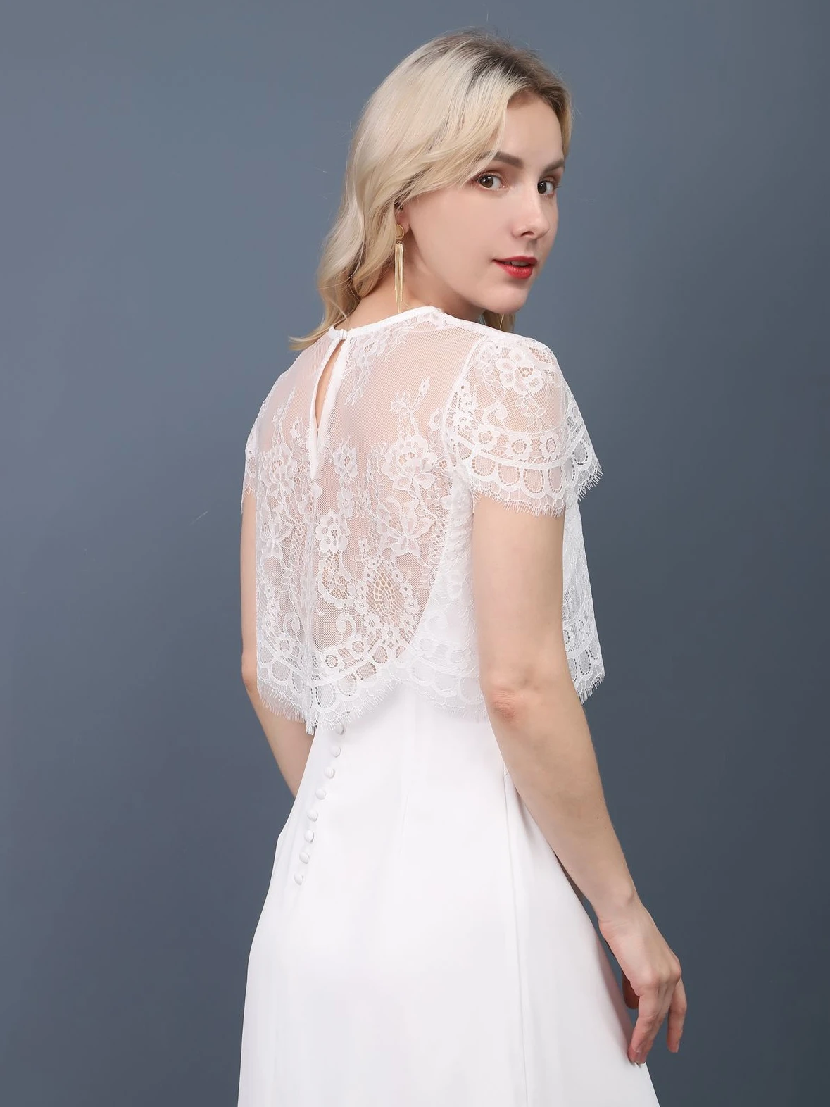 

Lace Blouse Short Sleeve Wedding Dress Outerwear Versatile Strap Dress Bridal Light Veil Coat Women's Fashion Summer round Neck