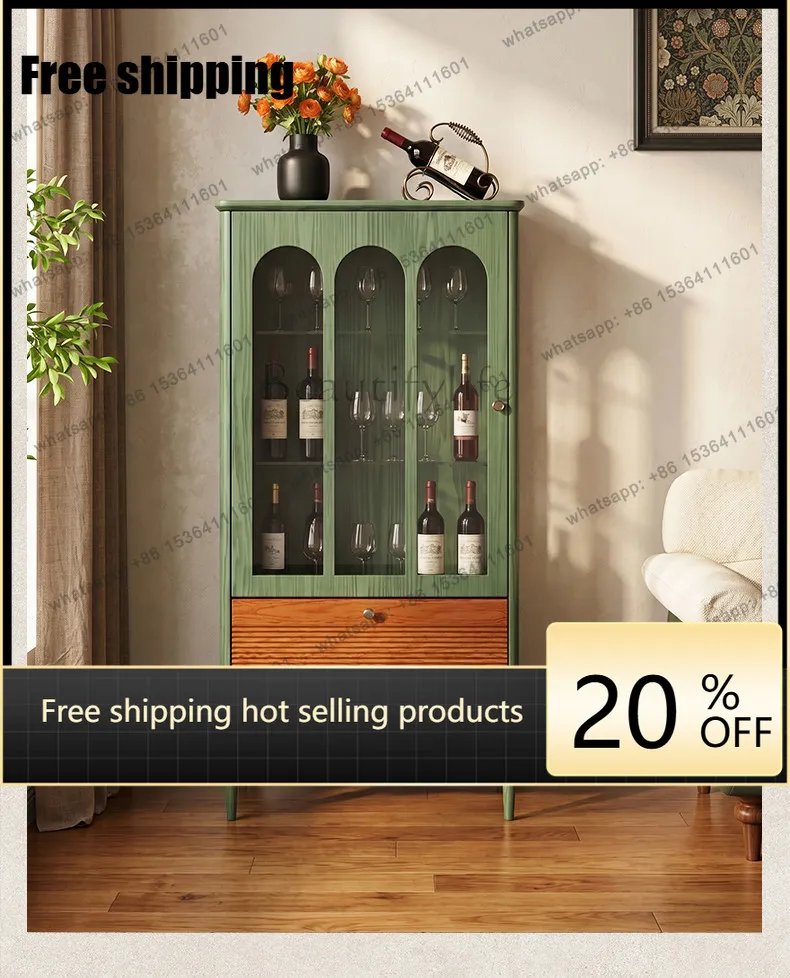 FG French retro style solid wood glass wine cabinet, antique style living room against the wall, locker
