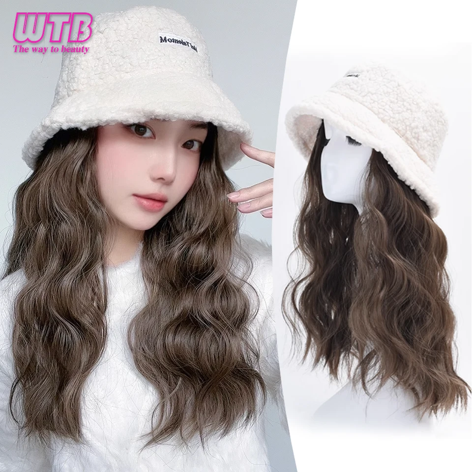 Synthetic One-piece Hat Wig Long Wavy Wig Fashion Autumn And Winter Lamb Hair Fisherman's Hat Ripple Wig Hat For Women