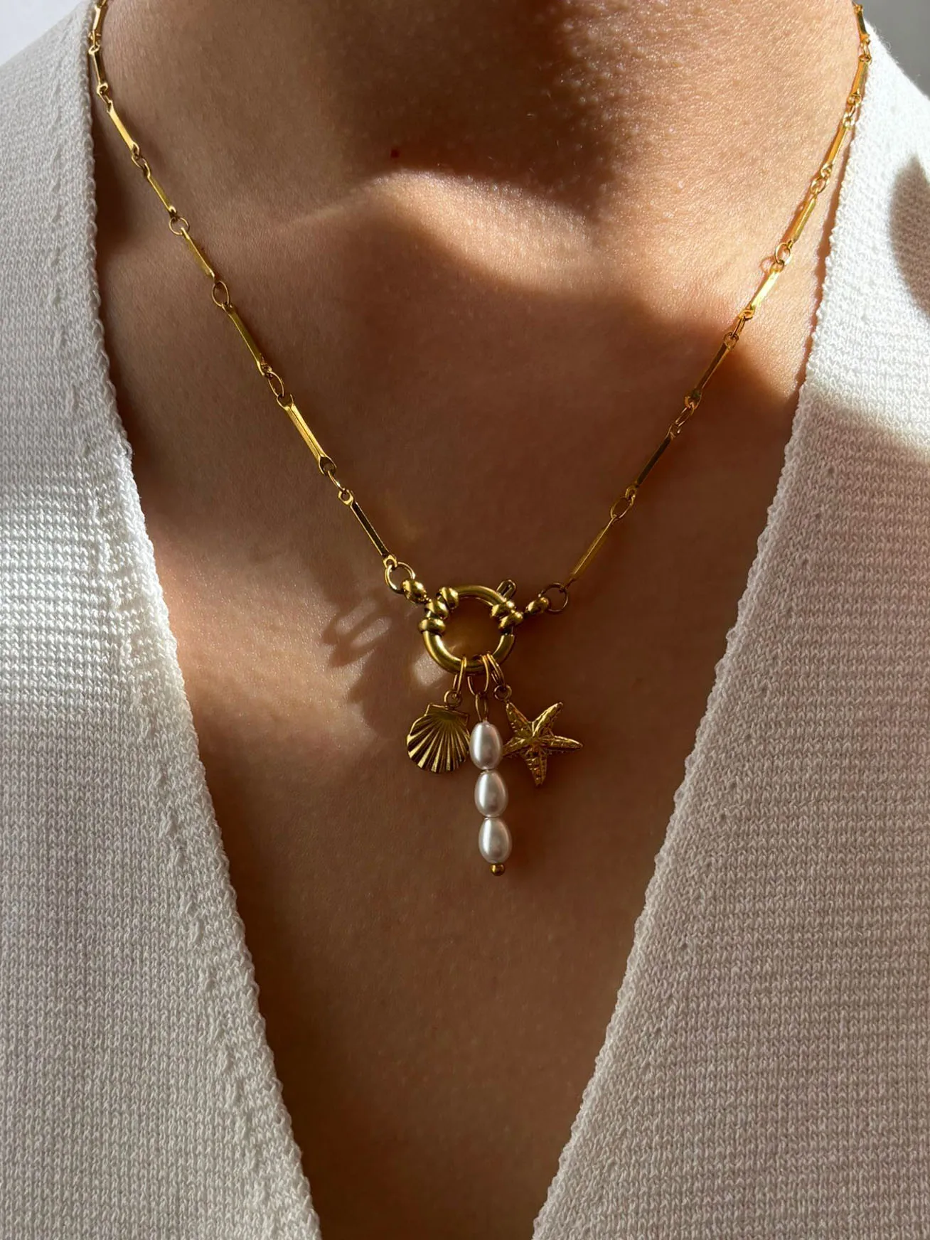 Peri'sbox Free Tarnish 18K Gold Plated Starfish Shell Imitation Pearls Pendant Necklace for Women Fashion Holiday Jewelry Gifts