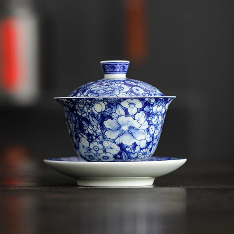 Jingdezhen-azul e branco antigo gaiwan chávena, high-end kung fu chá conjunto, grande capacidade, não-escaldar, ameixa flor