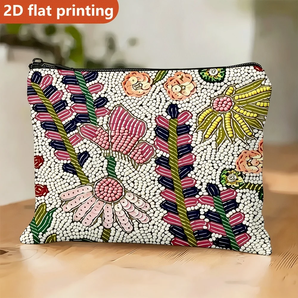 1pc Cosmetic Bag, Floral Print Makeup Bag Colored Floral Plant Pattern Portable Travel Storage Bag Makeup and Jewelry Organizer