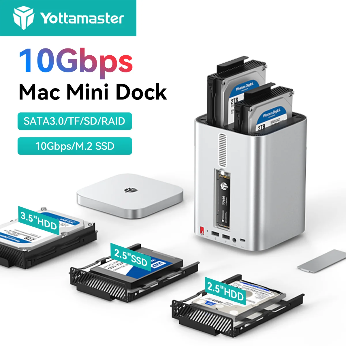 

Yottamaster 10 Гбит/с мини-башенная док-станция из алюминиевого сплава M.2 NVMe SATA USB-концентратор док-станция 2,5/3,5 дюйма RAID Case DAS для Mac Mini M4
