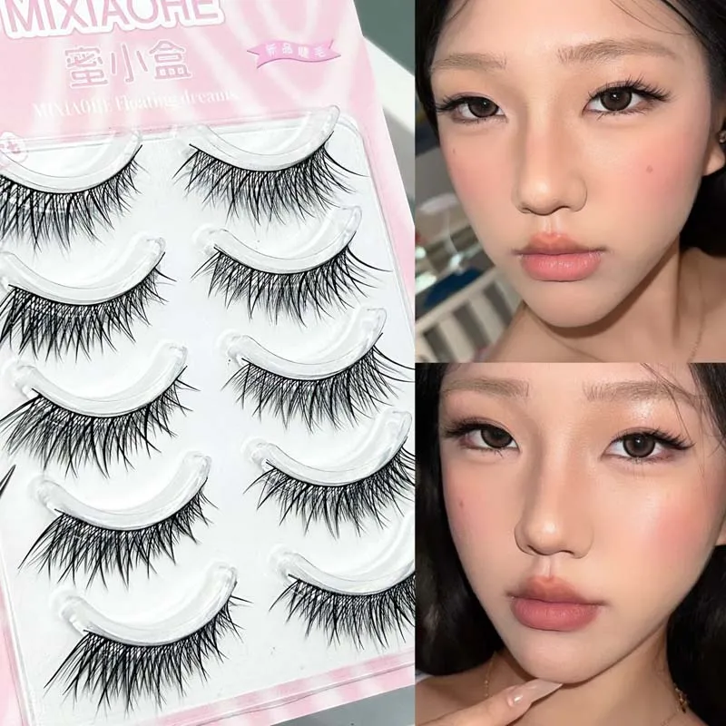 Mixiaohe Thai Cat Eye Strip Lashes 5 Paar Flauschige Schlanke Rauchige Augen-Effekt Wimpern Natürlicher Look für Alltag und Party-Make-up