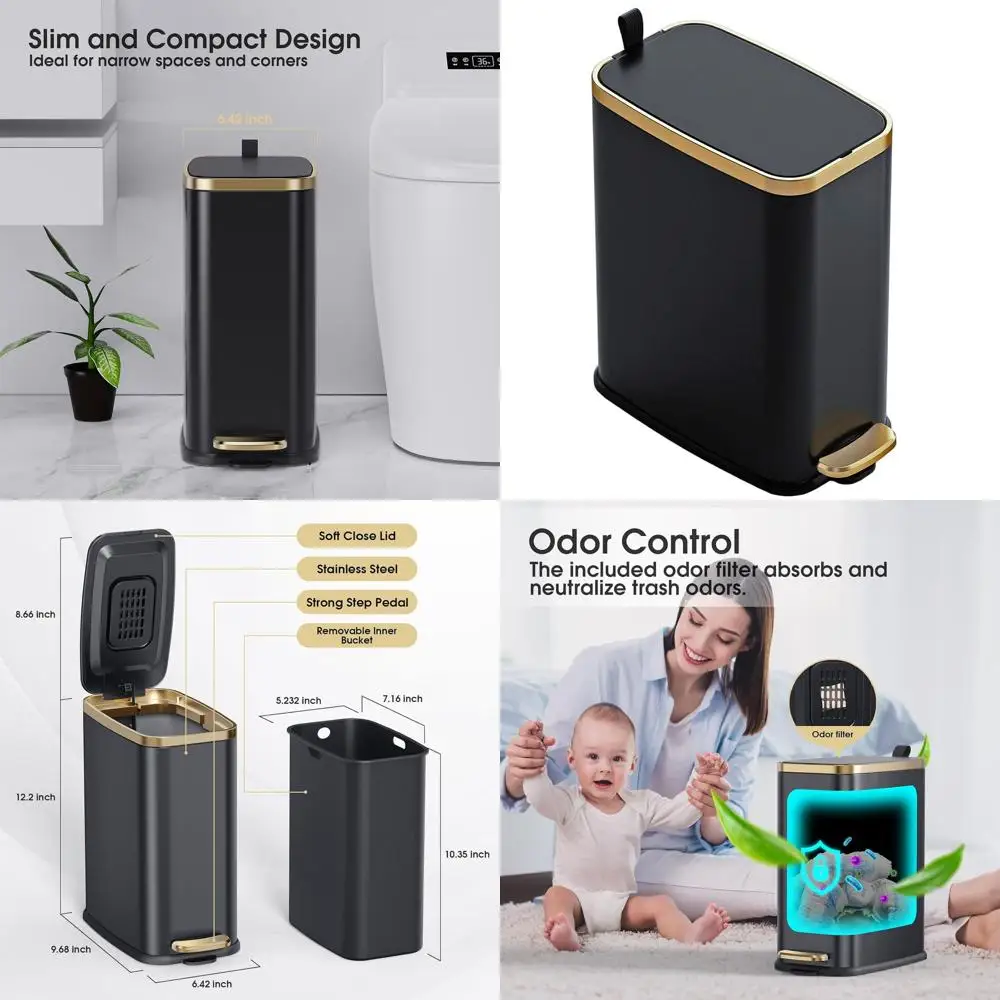 

Slim 5L Metal Step Trash Can with Soft Close Lid for Compact Spaces: Ideal for Home and Office
