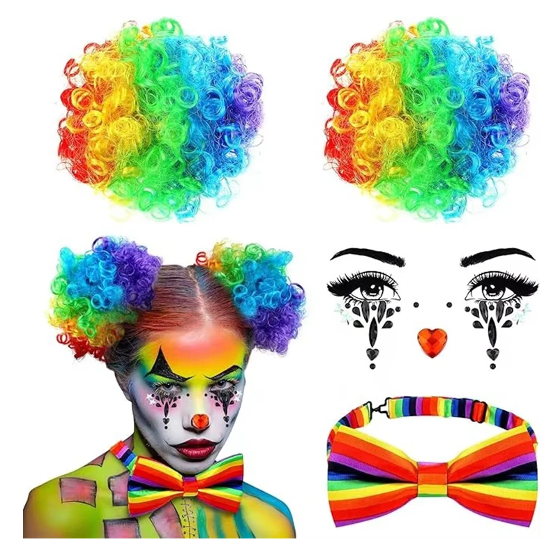 Women Halloween Clown Accessories Rainbow Wig Hair Clip On Puff Buns Clown Bowtie Party Halloween Ball Party Cosplay Costume