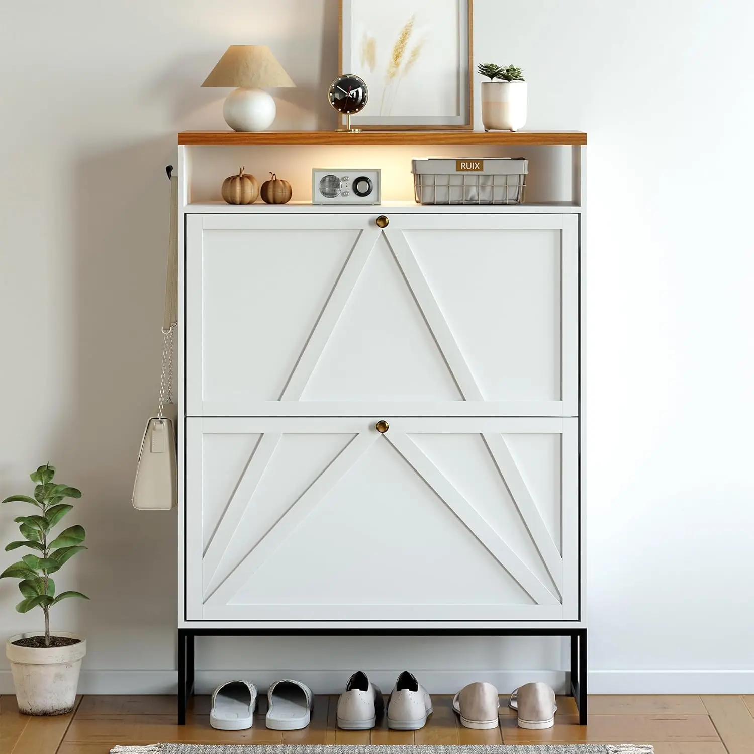 

Shoe Storage Cabinet with 2 Flip Drawers, Modern Hidden Shoe Storage Organizer, Narrow Wooden Freestanding Shoe, Customized