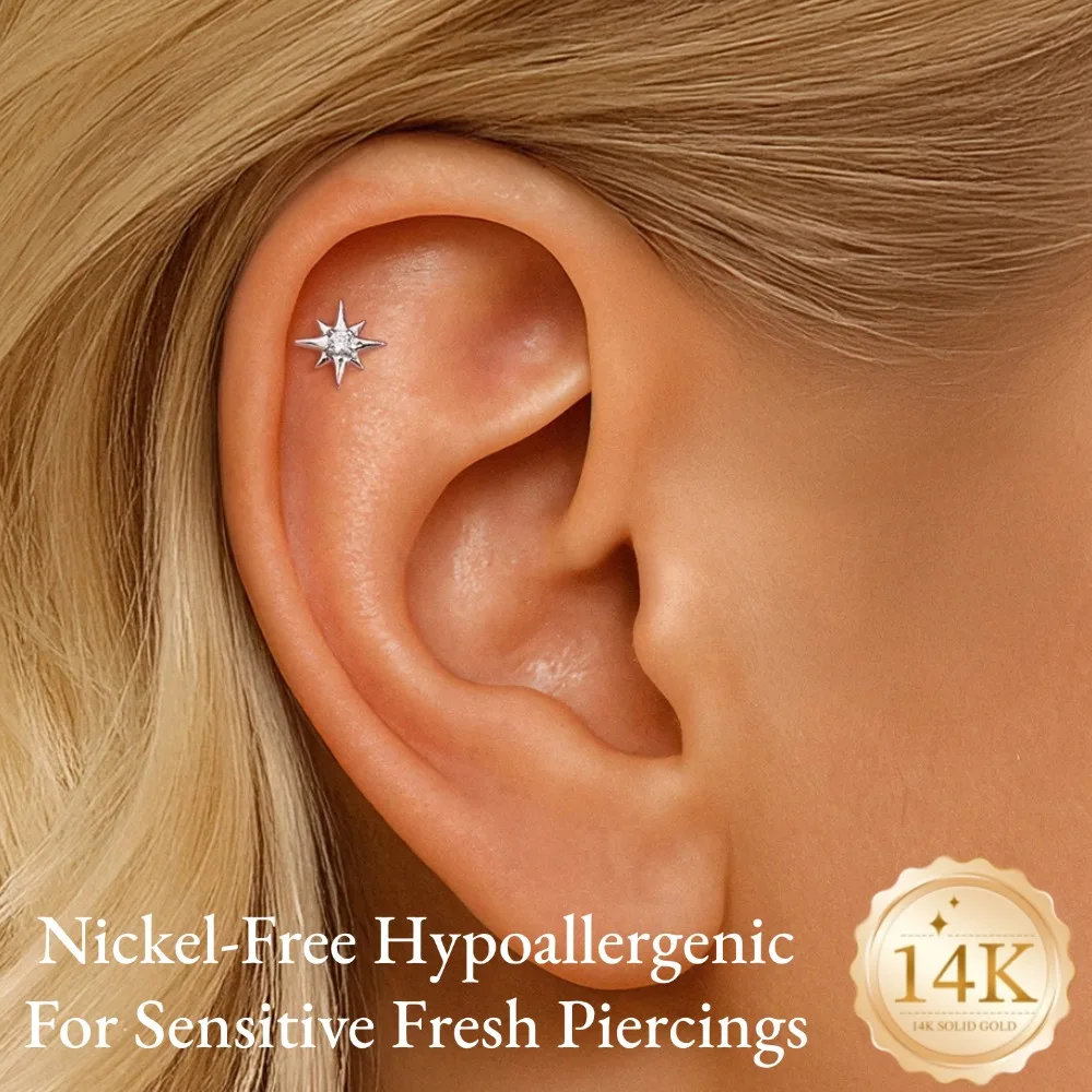 DIeSchein 14K Solid Gold Flat Back Helix Tragus Piercing Earrings CZ Cartilage Piercing Studs Star Crown Butterfly Jewelry Women