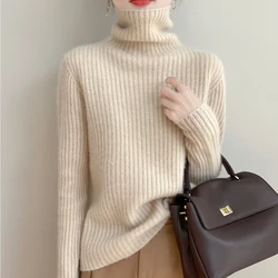 100% Merino Wool Autumn/Winter new Women's sweater turtleneck Jumper Fashion striped warm base knit shirt