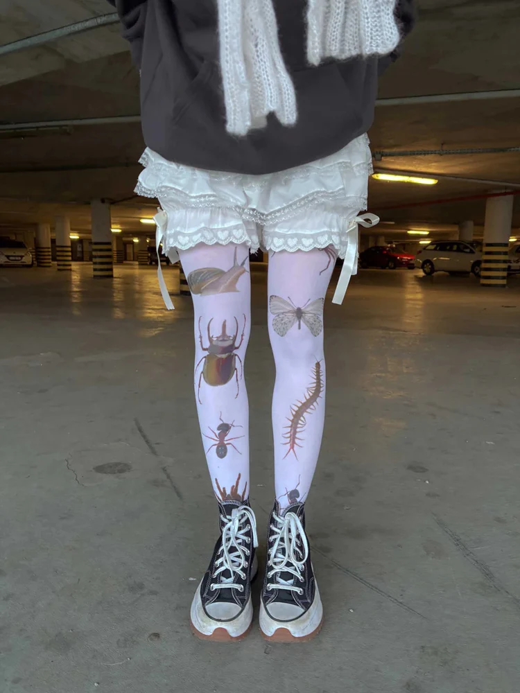 Kawaii White Cute Cat Printed Long Socks Harajuku Over Knee High Socks Pantyhose Y2K Style Role Playing Socks 2000s Emo Female