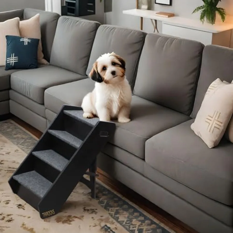 

Wood Pet Stairs Non-Slip 4-Level Foldable Dog Steps for Beds and Cars - Portable Cat Dog Ladder Up to 130 Pounds in Brown