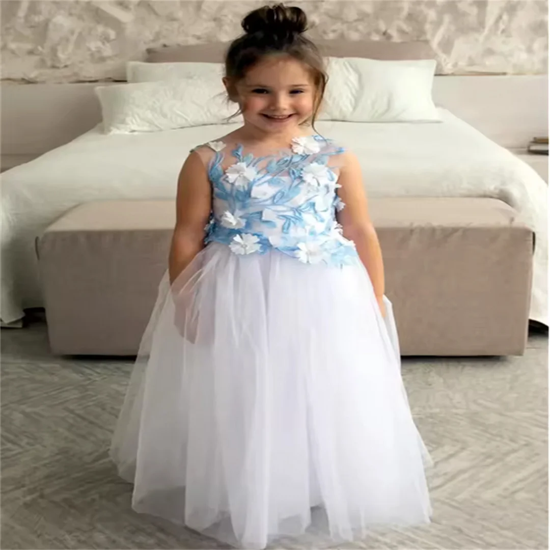 Baby Girls Flower Girl Dress Tulle Lace Appliques Bow Sleeveless for Wedding Kids Birthday GIFT First Communion Gowns