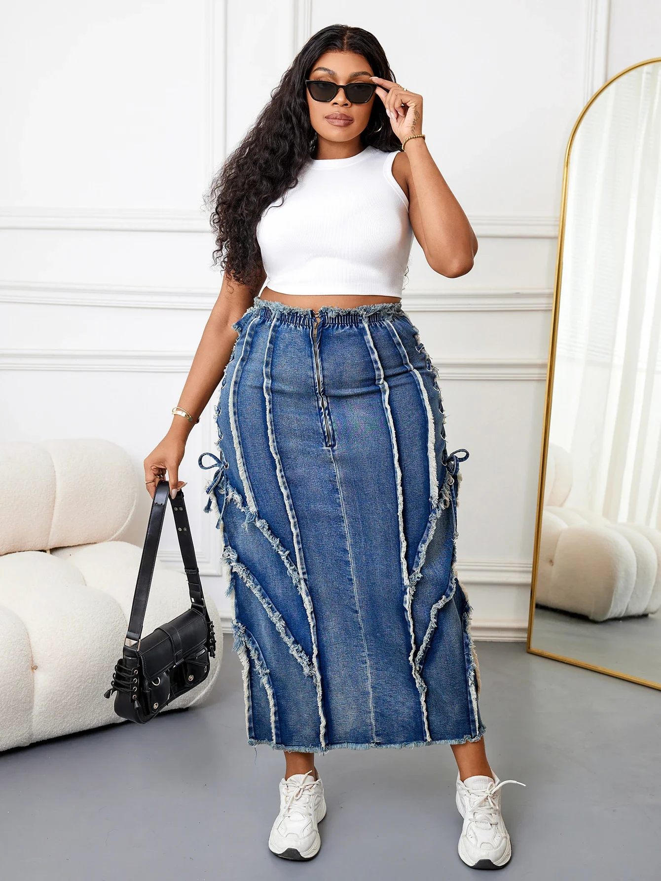 Rok Maxi Denim Fashion Wanita Desain Unik dengan Potongan Khusus Celana Jeans Kasual untuk Dipakai Sehari-hari