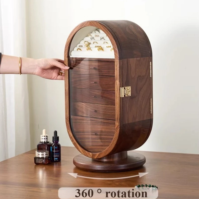 Solid Wood Jewelry Box with Mirror Rotatable Multifunctional Jewelry Storage Cabinet Necklace Ring Bracelet Boxes Wedding Gift