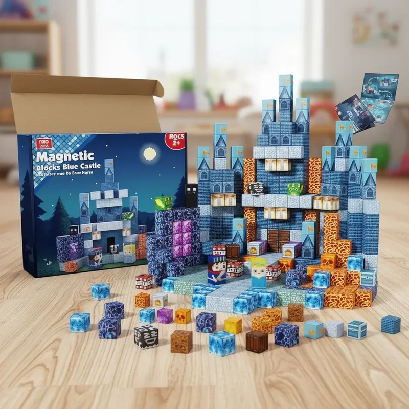 ชุดตัวต่อแม่เหล็ก 100 ชิ้น ประกอบง่าย ปราสาทสีน้ำเงิน 3 มิติ สร้างสรรค์ DIY ของเล่นเสริมพัฒนาการเด็ก STEM ของขวัญวันหยุด กล่องสวยงาม