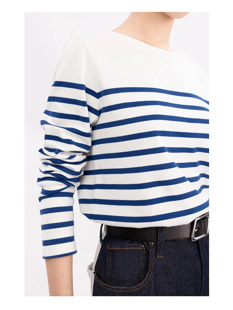 EMBELLIKE Marine Crew Neck Striped T Shirt Women Long Sleeve Combed Cotton Tops Tees Regular Fit S-XL