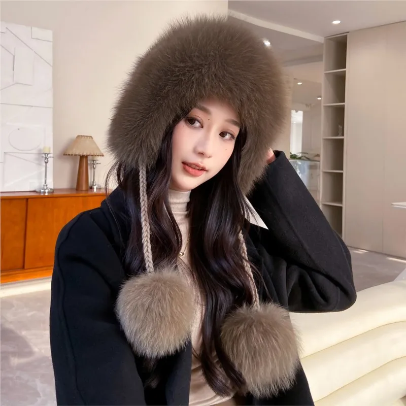 Purple fur hat for women winter warmth ear-protecting leather ball cap