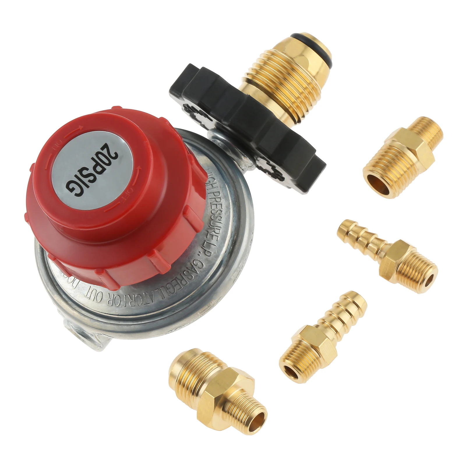 

Adjustable 0-20PSI POL High Pressure Propane Regulator Valve LP Tank 5/16"&1/4" Hose Barb Brass Connect 1/4" NPT& 3/8" Flare