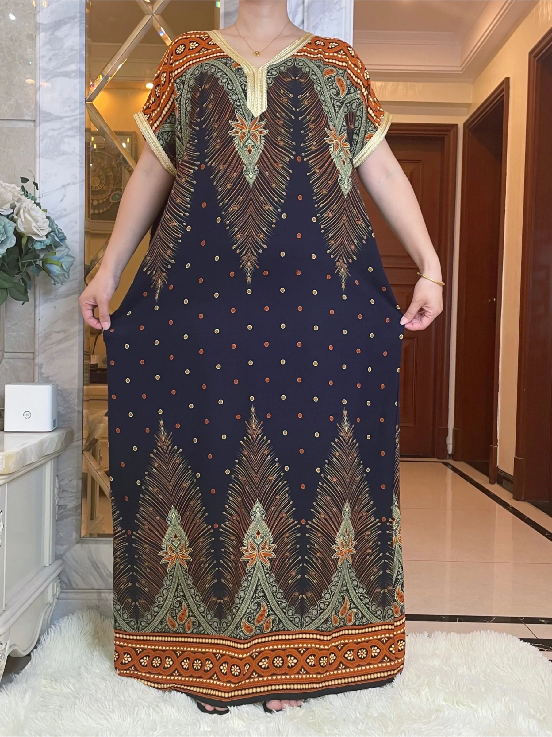 2022New Dubai Style Short Sleeve African Dashiki Floral Printing Cotton Abaya Caftan Elegant Lady Summer Maxi Casual Dresses