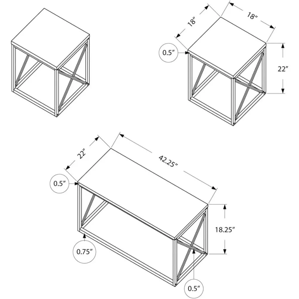 Table Set, 3pcs Set, Coffee, End, Side, Accent, Living Room, Metal, Laminate, White Marble Look, Gre