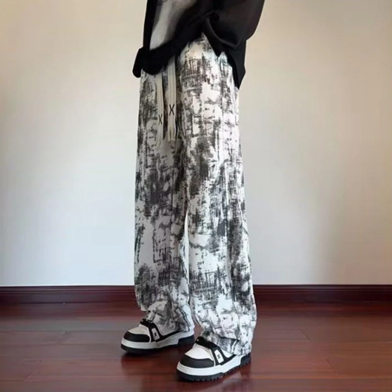 

American Style Men's Tie-Dye Lined Casual Pants Trendy Brand Straight-Leg Trousers Vintage Draped Loose Straight Leg Pants