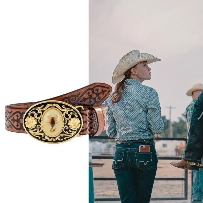 X7XB Western Men Belt for Pants Embossed Glowing Buckle Waist Belt Ethnic Pin Buckle Cowboy Belt Vintage Women Accessories