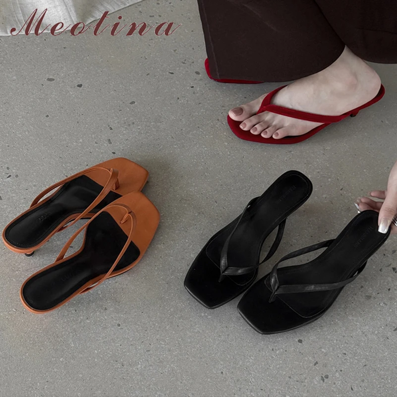 Meotina Women Genuine Leather Flip Flop Slides Square Toe Thin High Heels Sandals Sexy Slippers Ladies Fashion Shoes Summer