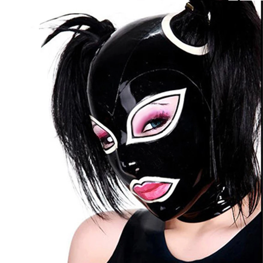 Sexy Latex Hood Rubber Club Party Headwear Mask With Hair Through Holes Plus Size Custom Made Handmade S-LM004