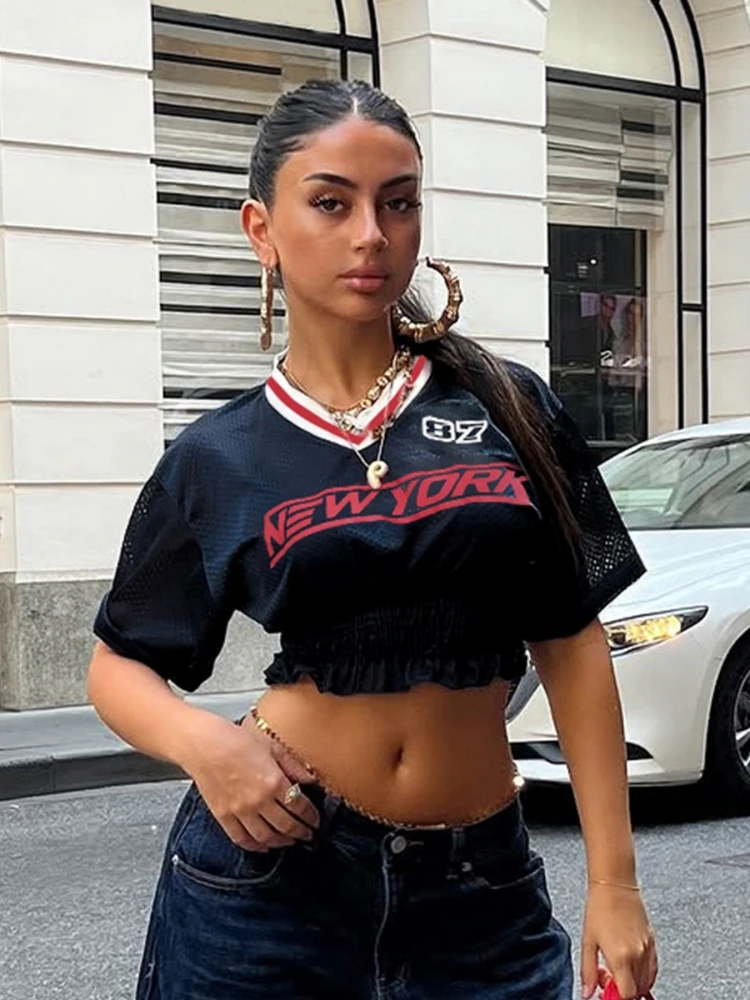 

Quick-Dry Mesh T Shirts For Women Summer Clothing V-neck Y2k Crop Top Short Sleeve Camisetas Biker Style Outfits Ropa De Mujer