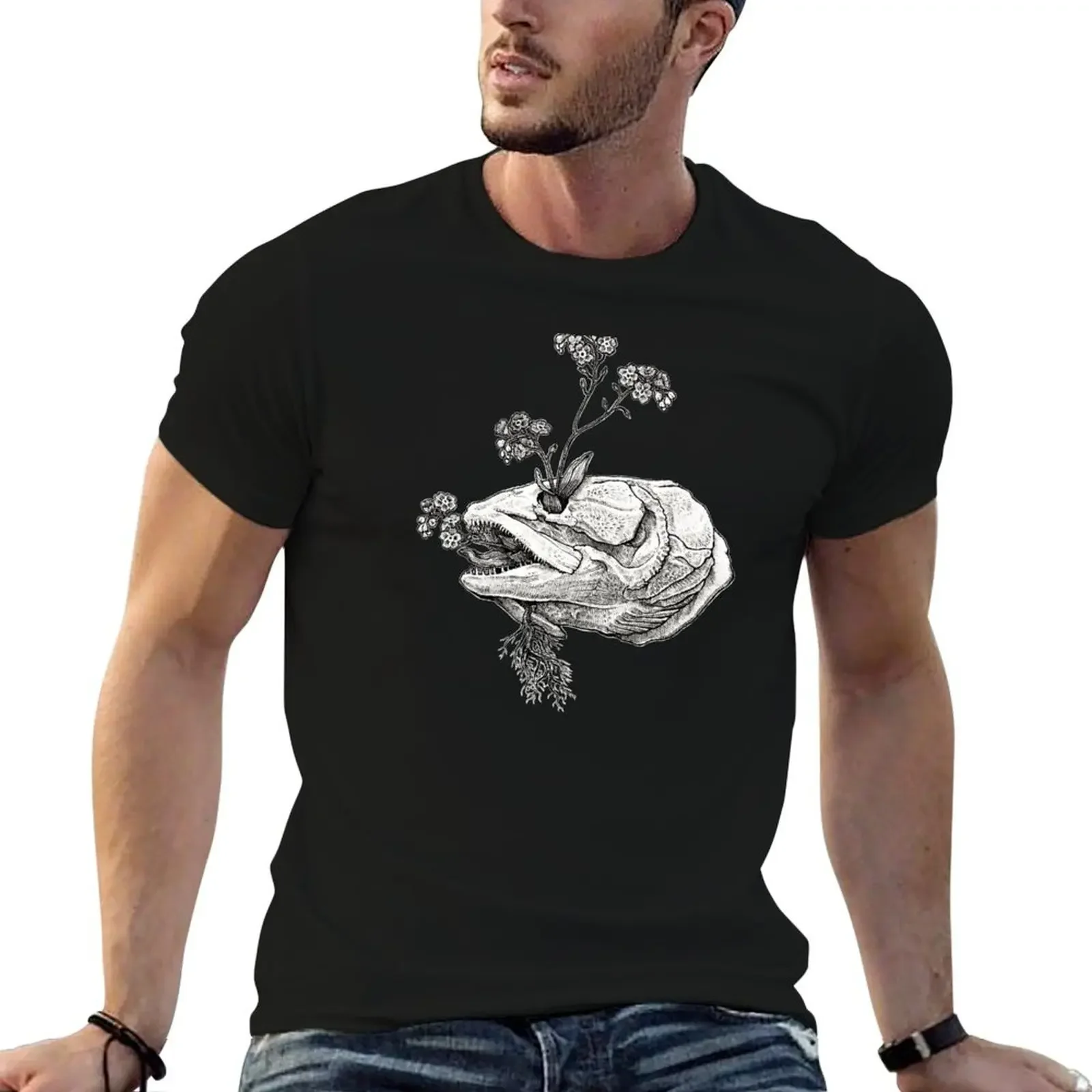 Bowfin skull with forget-me-nots T-Shirt boys animal print man clothes customizeds customs mens t shirts top quality