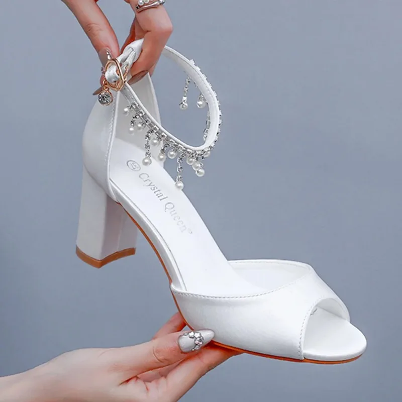 Women Pumps Sandals Ankle Comfortable Open Toe String Bead Tassels Wedding Silk 7.5CM Square Heels Peep Toe Woman Shoe