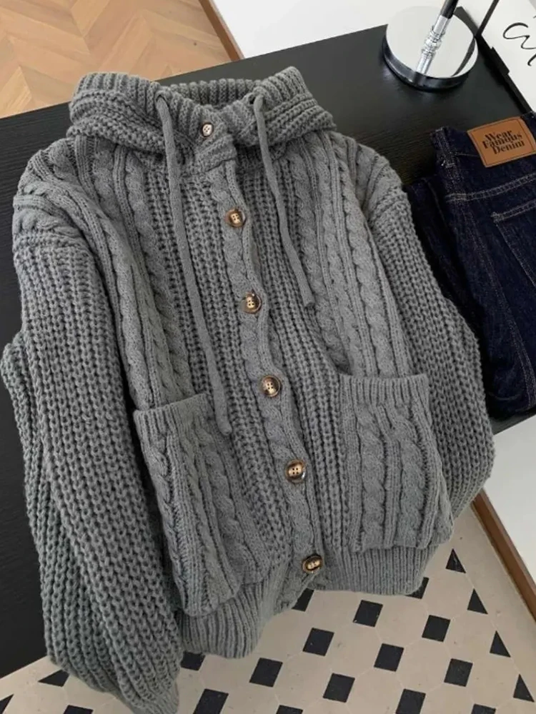 

Vintage Y2K Gray Hooded Cardigan Women Lazy Wind American Harajuku Knitted Sweater Fall Winter Retro Long Sleeve Bf Casual Tops